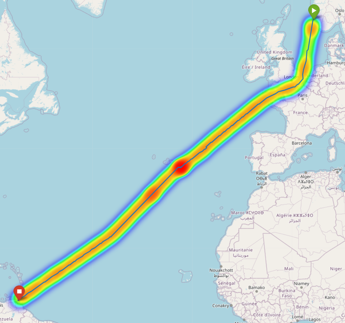 Route from Norway across the Atlantic to Trinidad and Tobago.